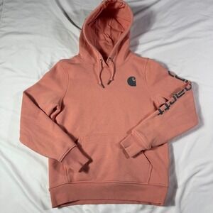Carhartt Women's Hoodie Relaxed Fit Peach Pink Logo Graphic Sweatshirt  XS